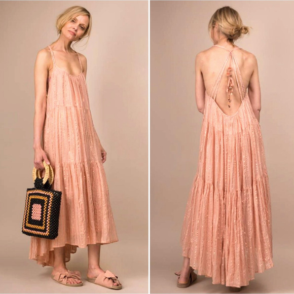 Ulla Johnson XS Samara Cotton Midi Dress Low Back Metallic Stripe Peach Pink 0 2 - Picture 1 of 10